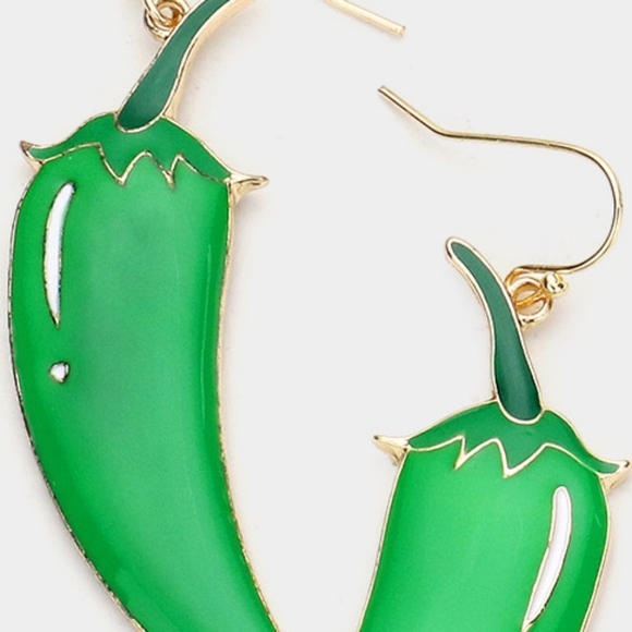 Green Pepper Dangle Earrings Spicy Cayenne Gold - Picture 2 of 2